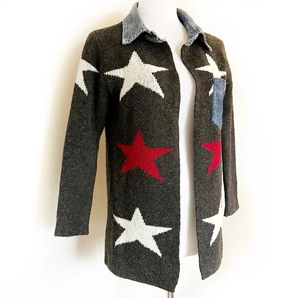 WOOL STAR PRINT CARDIGAN DENIM TRIM OPEN FRONT COLLARED SWEATER COAT GRAY Siz… - Picture 6 of 13